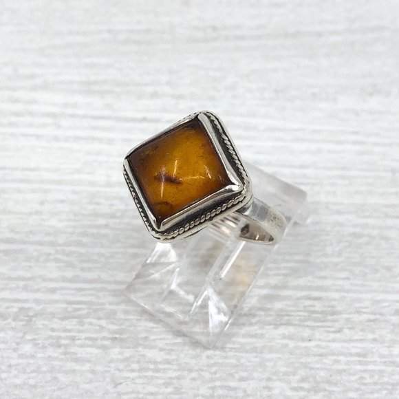 Sterling Silver Natural Amber Ring Size 6, Vintage - Picture 2 of 10